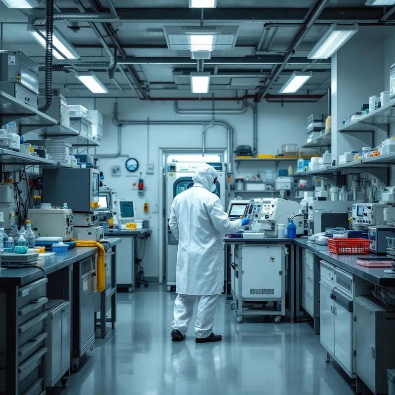 A photo of an employee surrounded by many reference laboratory testing equipment.